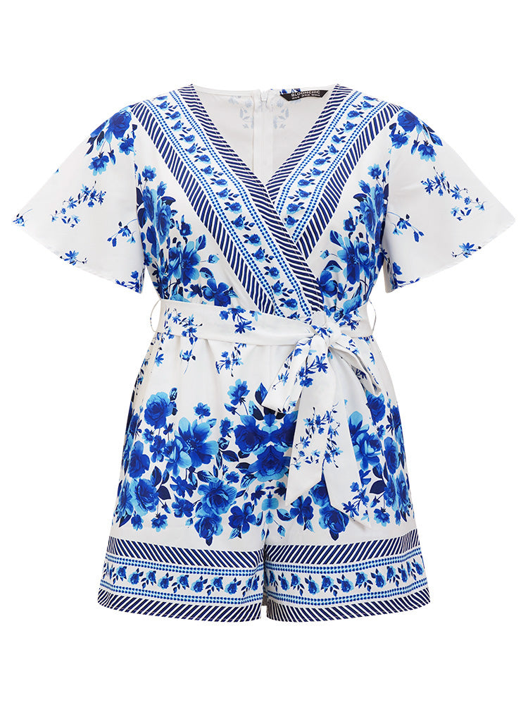 Bandana Print Zipper Back Pocket Wrap Romper