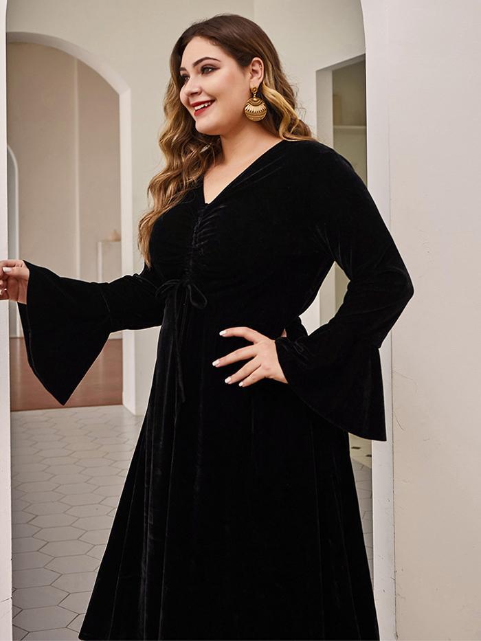 Velvet Pleated Flared Sleeves Dress