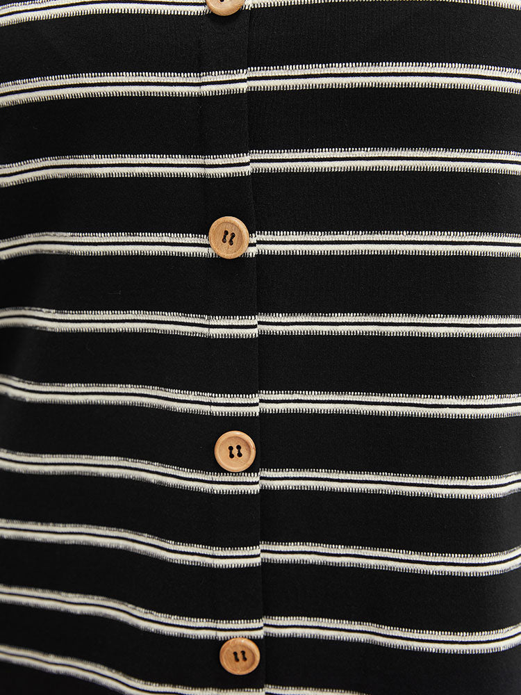 Striped Print Crew Neck Button Detail Tank Top