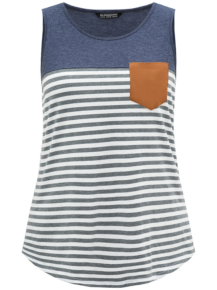 Striped Patchwork Contrast Pocket Tank Top