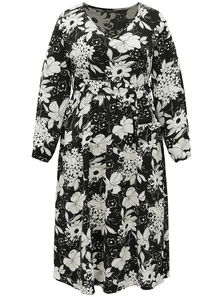 Floral Belted V Neck Lantern Sleeve Dress