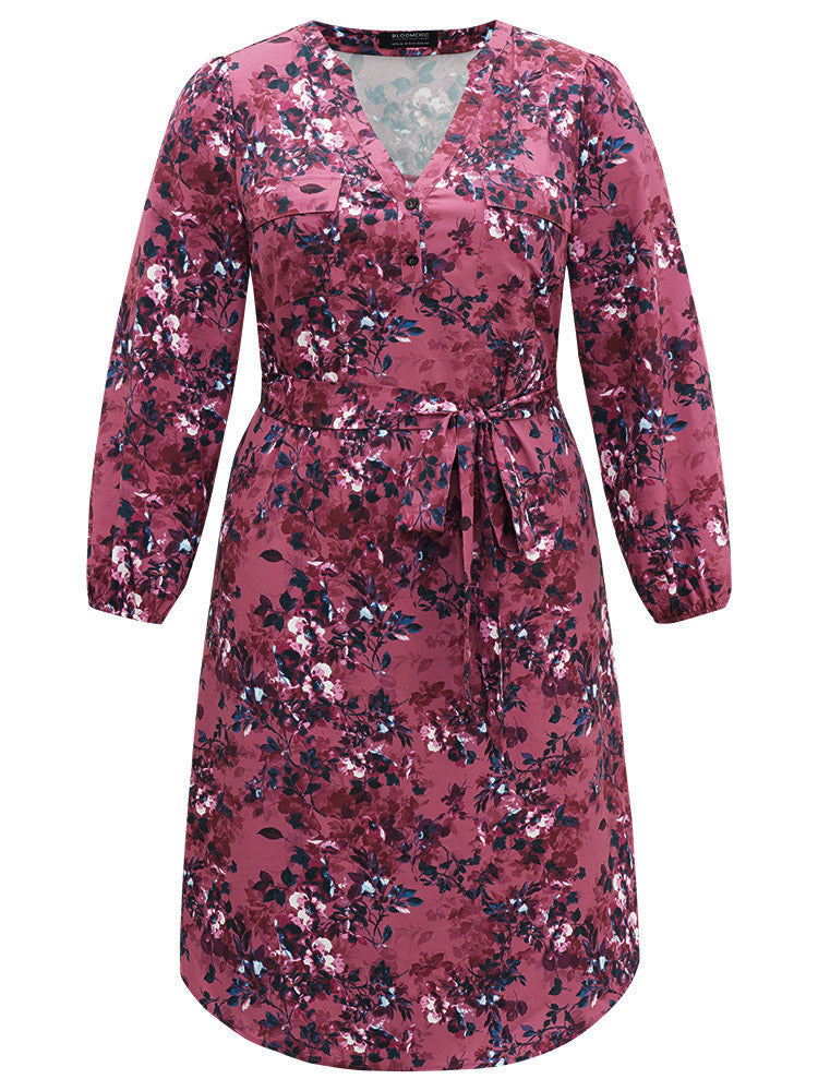 Floral Button Up Belted Arc Hem Dress