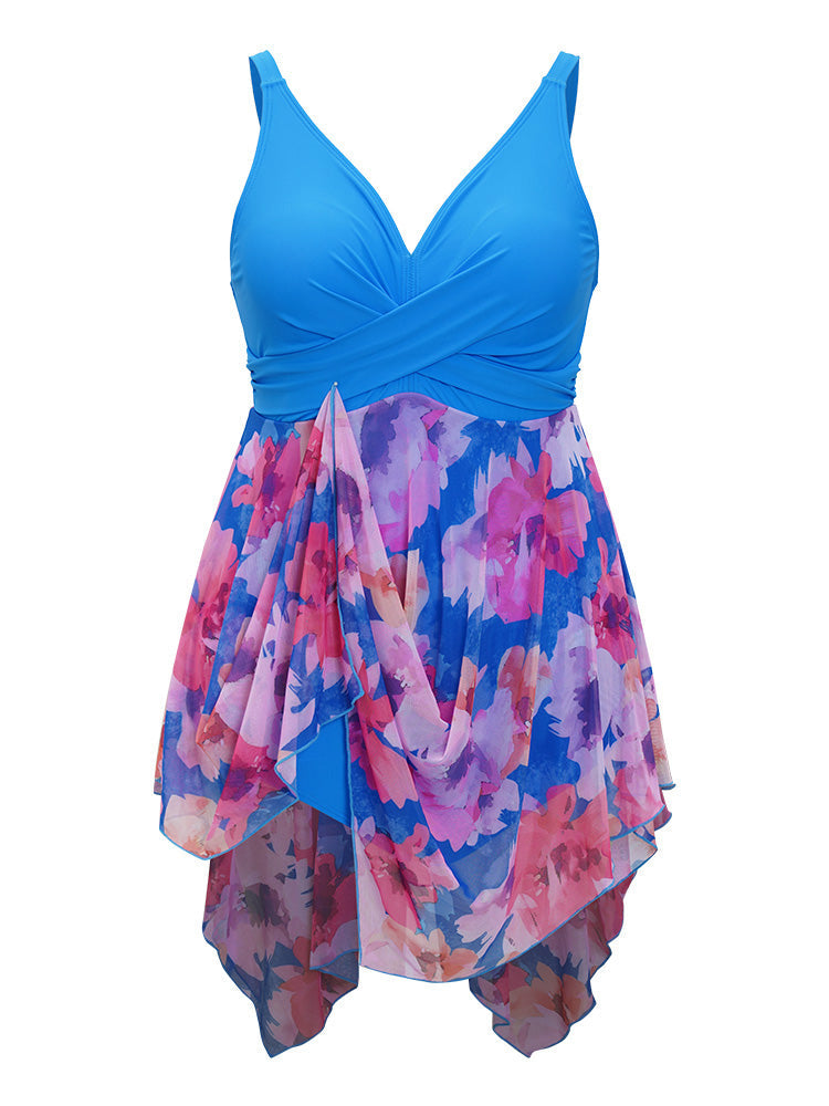 Floral Patchwork Hanky Hem Crossover V Neck Swim Dress