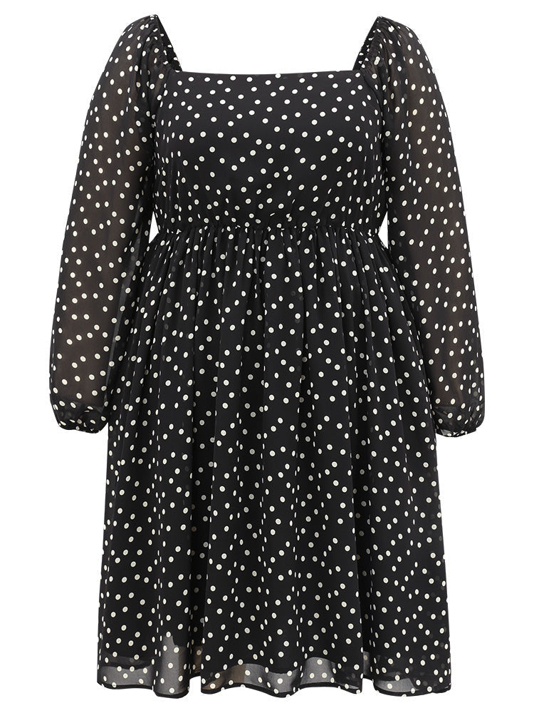 Polka Dot Square Neck Gathered Lantern Sleeve Dress