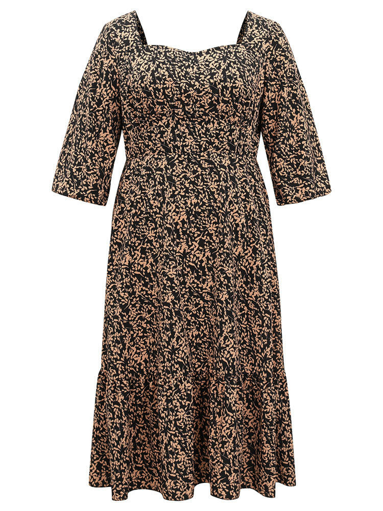 Square Neck Silhouette Floral Print Elastic Waist Dress