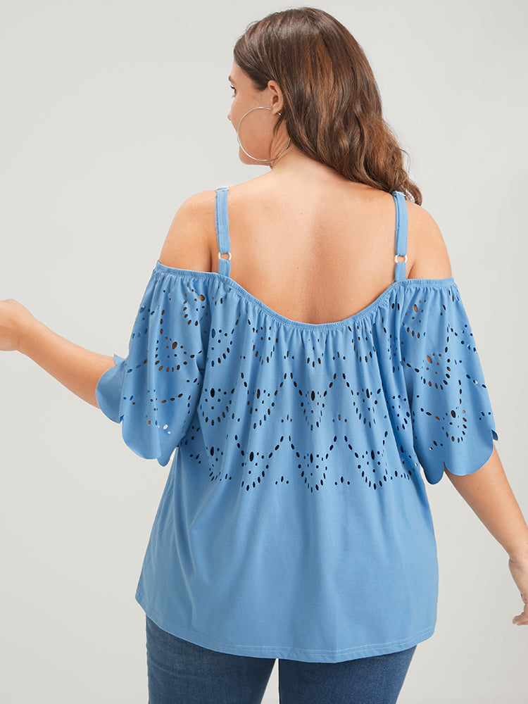 Plain Ruffles Broderie Anglaise Cold Shoulder T-shirt