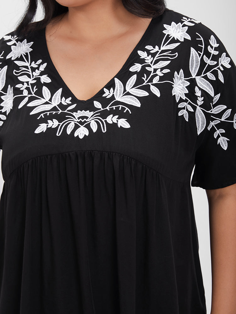 Solid Embroidered Gathered V Neck Blouse