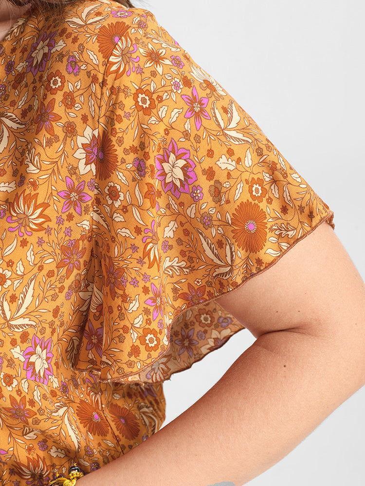 Floral Ties Ruffle Trim Midi Dress