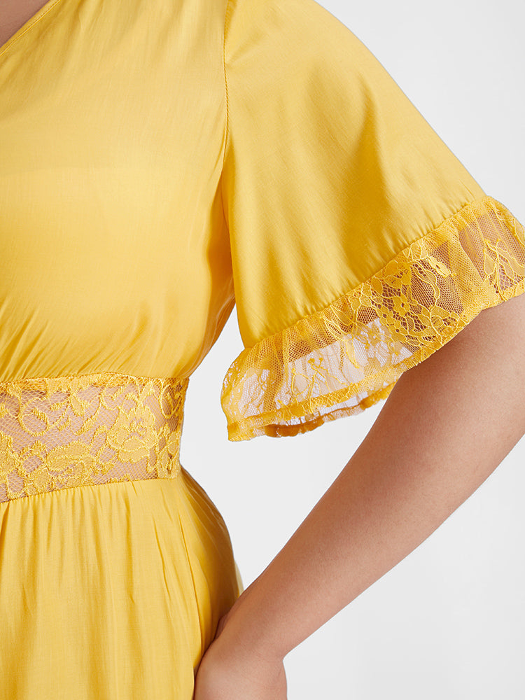 Bloom Dress - Ruffles Mesh Insert Lace Midi Dress