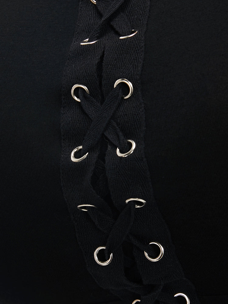 Black Cold Shoulder Lace Up T-shirt