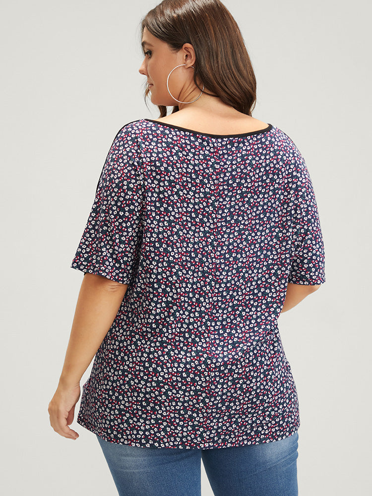 Floral Contrast Lace Ties Neck T-shirt