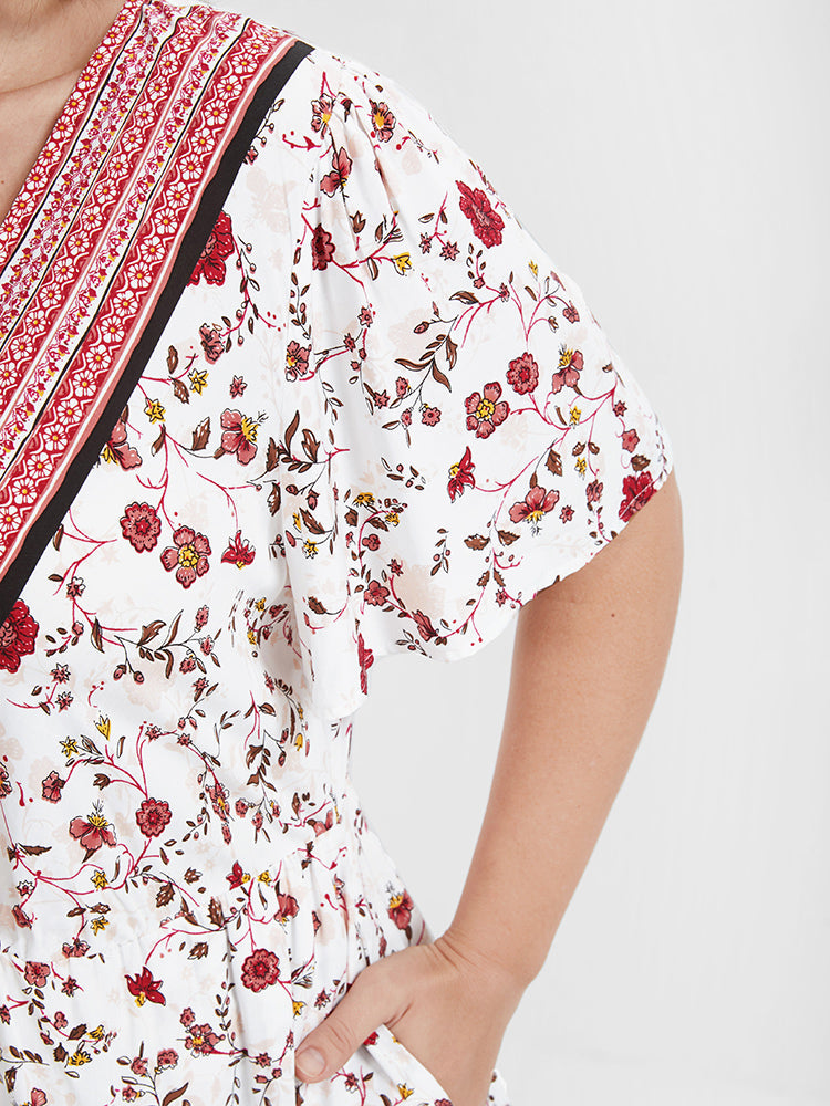 Floral V Neck Ruffles Pocket Lace Knee Dress