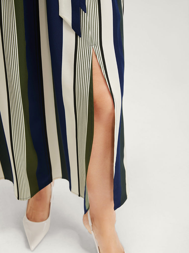 Striped Pocket Split Belted Lapel Collar Midi Dress