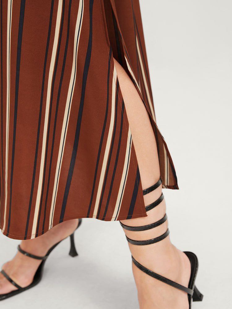 Striped Pocket Dolman Sleeve Button Detail Split Dress