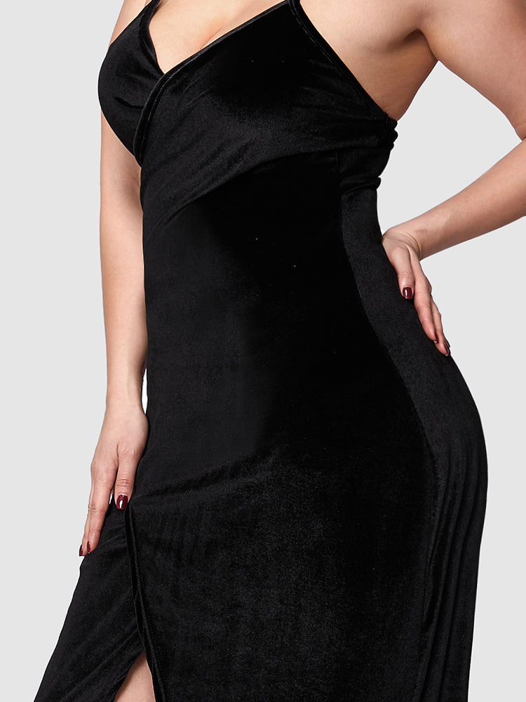 Plunging Neck Cami Solid Split Dress