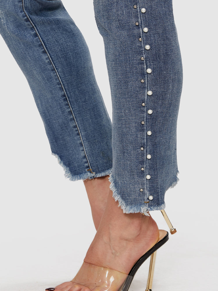 Asymmetrical Raw Hem Beaded Jeans