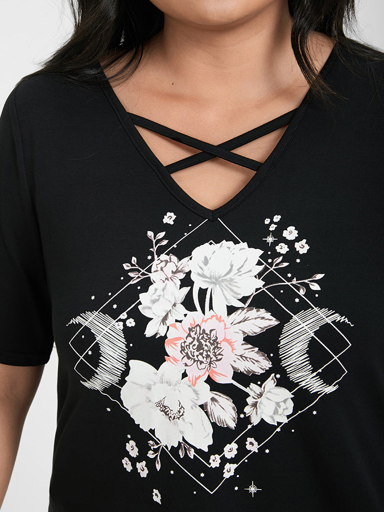 Floral Printed Crisscross V Neck T-shirt