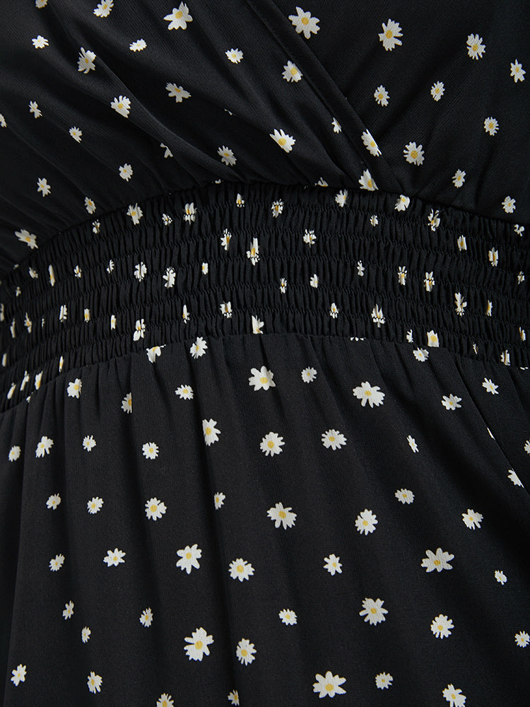 Bloom Dress - Daisy Print Flutter Hem Shirred Wrap Knee Dress