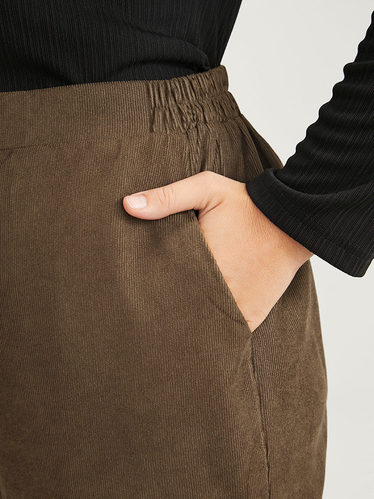 Solid Pocket Elastic Waist Corduroy Pants