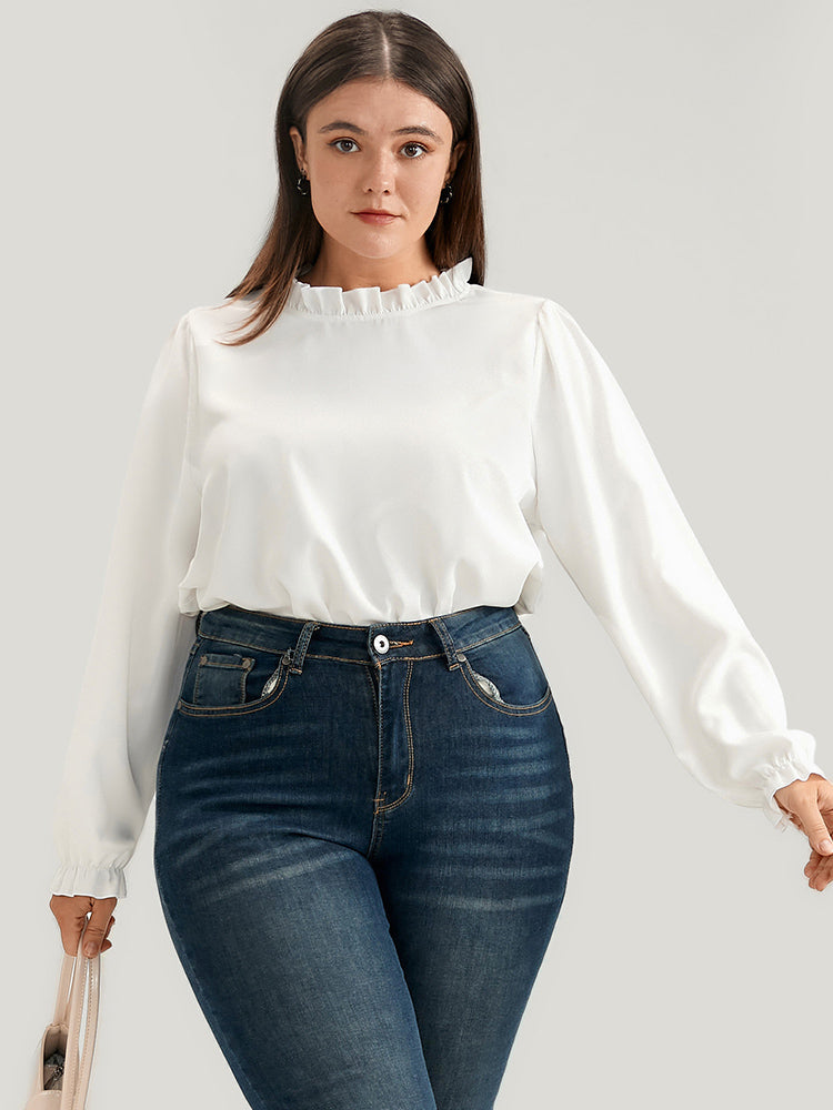 Solid Keyhole Back Frill Trim Mock Neck Blouse