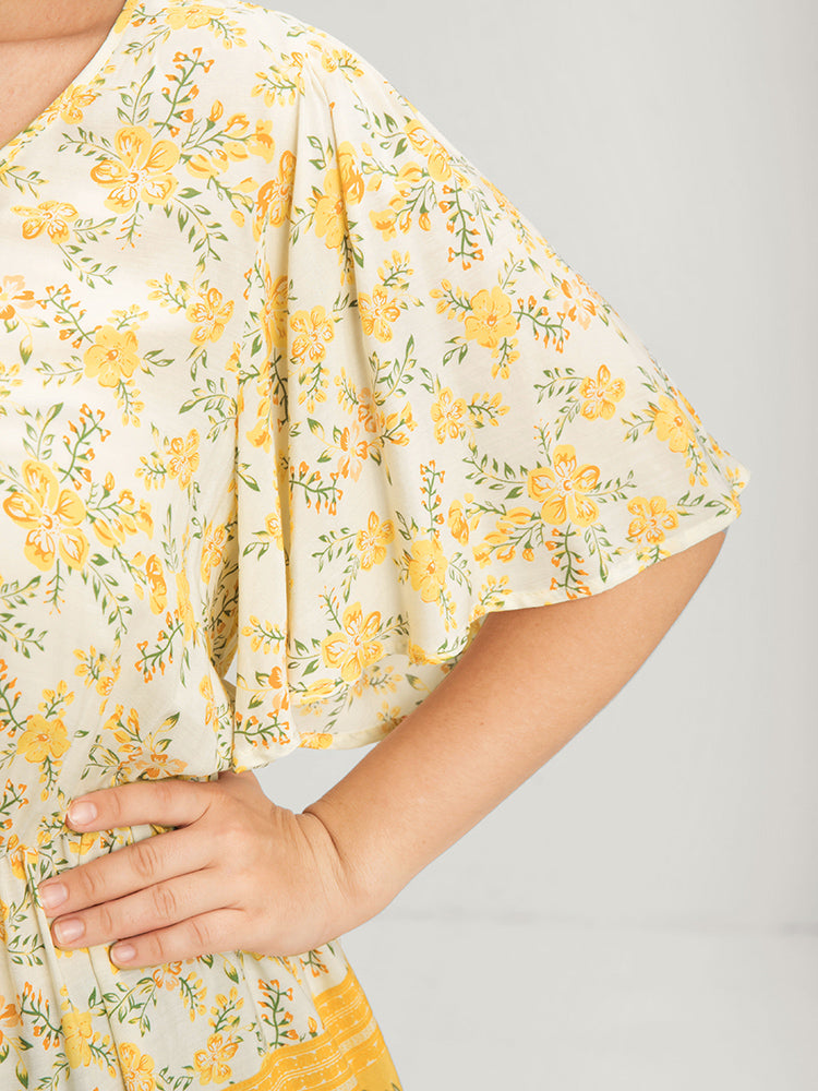 Floral Elastic Waist Ruffles V Neck Blouse