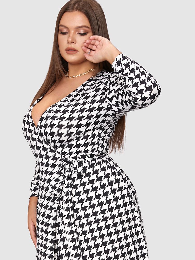 Samantha Business Casual - Houndstooth Wrap Tie Dress