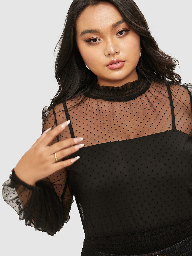 Mock Neck Polka Dot Mesh Sheer Top