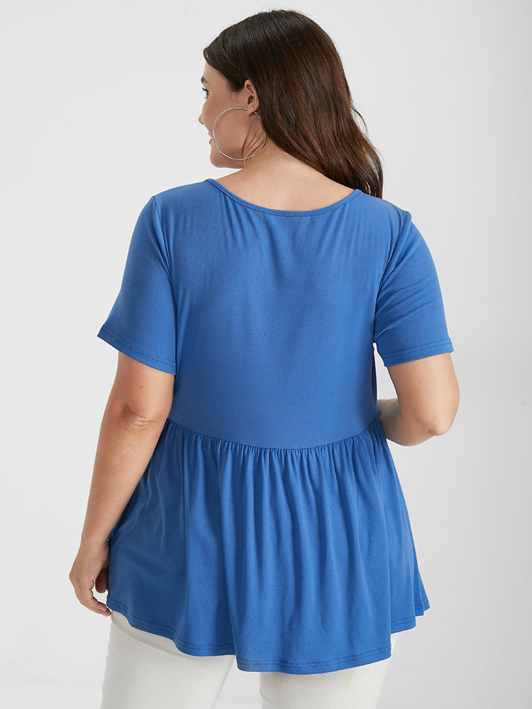 Solid Ruffles Button Scoop Neck T-shirt