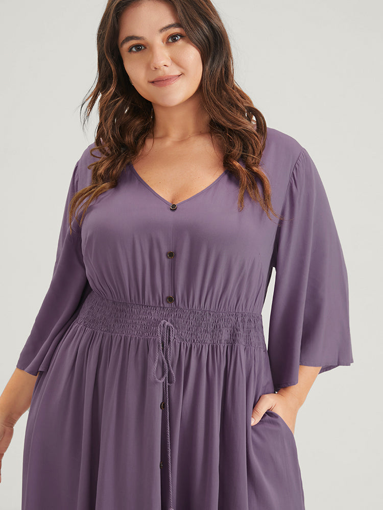 Solid Pocket Shirred Ruffles Tie Button Up Split Dress