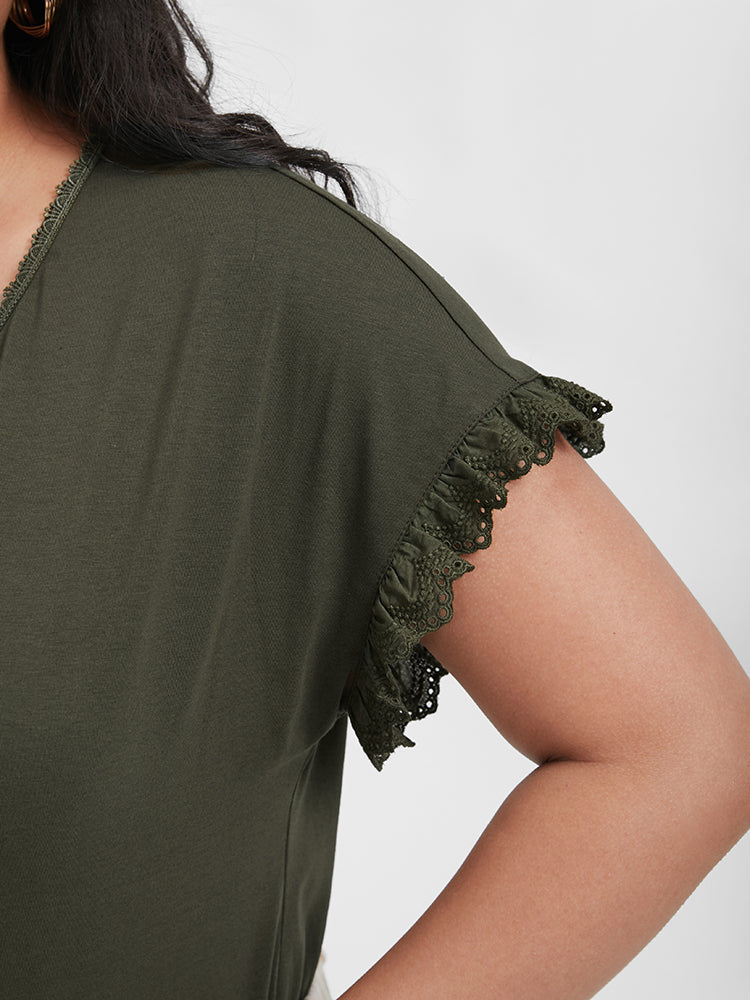 Solid Lace Trim V Neck T-shirt