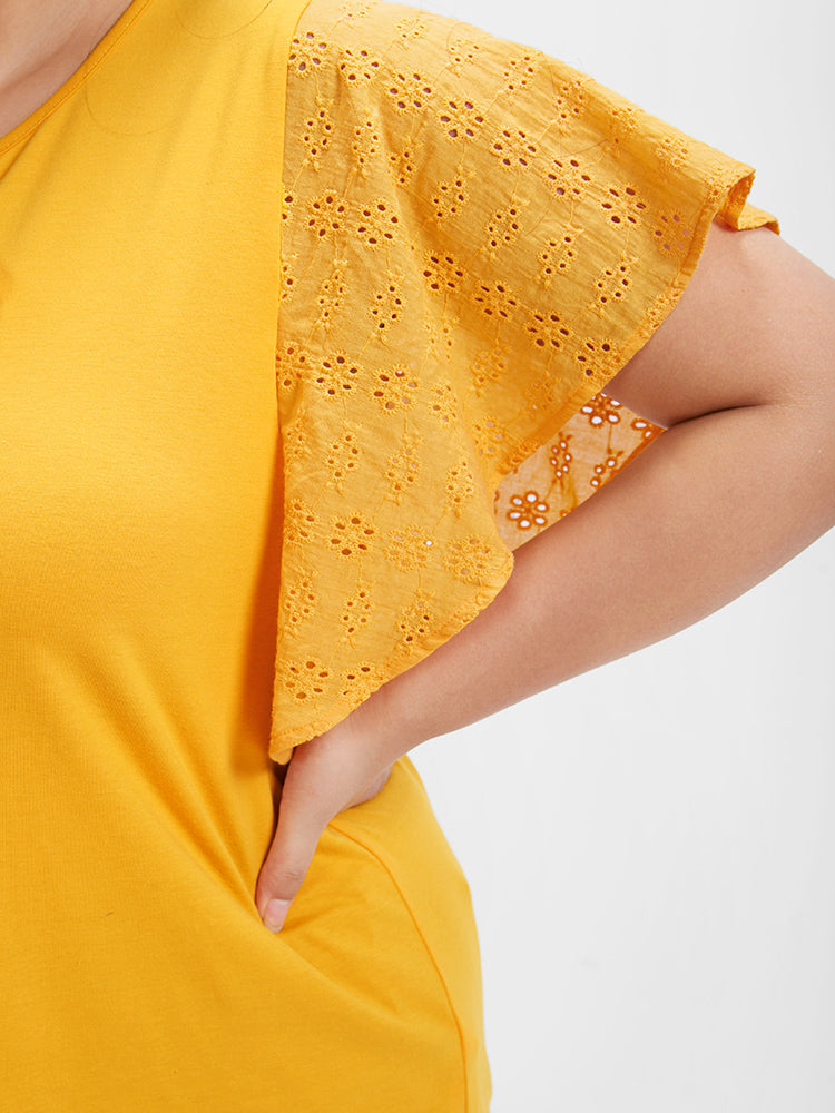 Solid Ties Ruffles Eyelet Embroidered Keyhole T-shirt