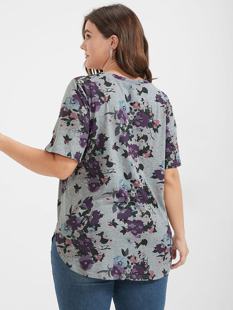 Floral Arc Hem V Neck T-shirt