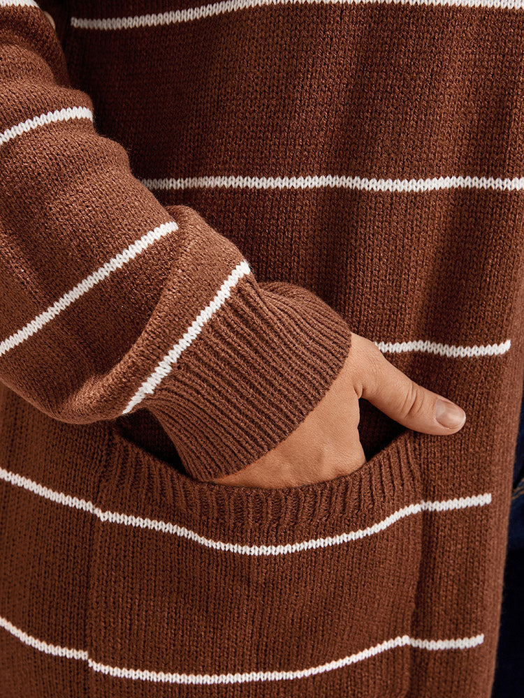 Striped Pointelle Knit Button Side Pocket Open Front Cardigan