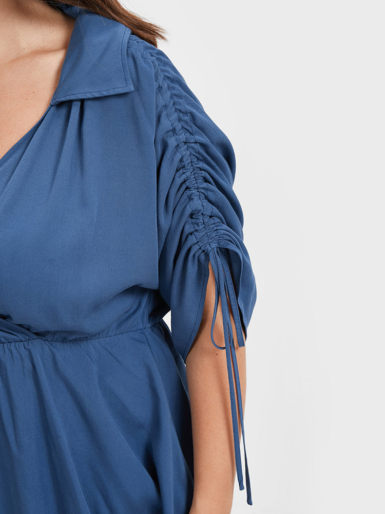 Solid High Low Hem Ruffled Shirt Collar Drawstring Blouse