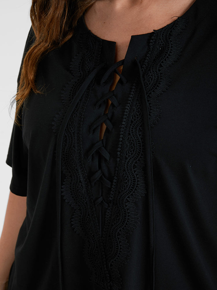 Solid Embroidered Crisscross Tie Round Neck T-shirt