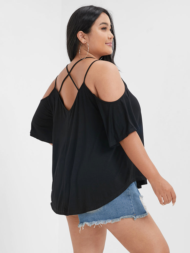 Plain Ruffles Crisscross Cold Shoulder T-shirt