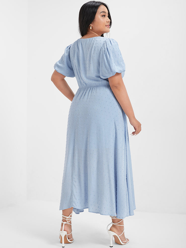 Bloom Dress - Solid Polka Dot Chiffon Button Puff Sleeve Dress