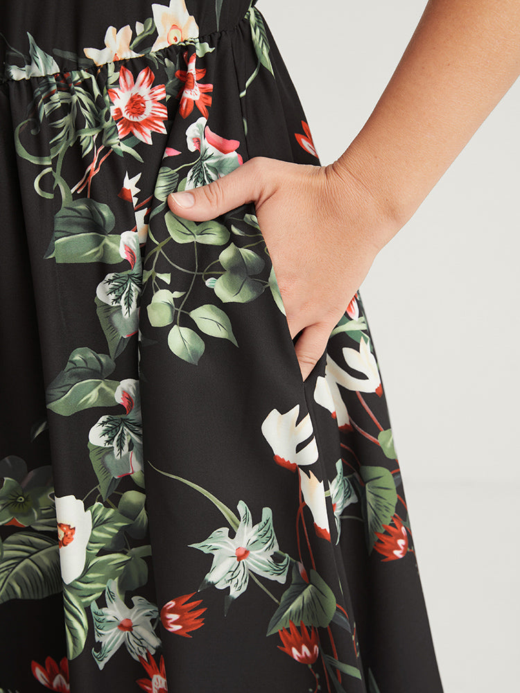 Floral Split Pocket Cuffed Sleeve Button Through Maxi Dress