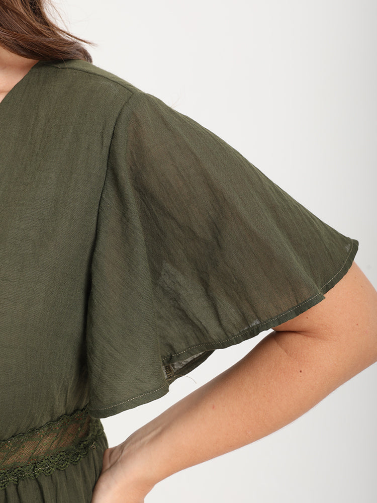 Plain Lace Patchwork Ruffles Button V Neck Dress