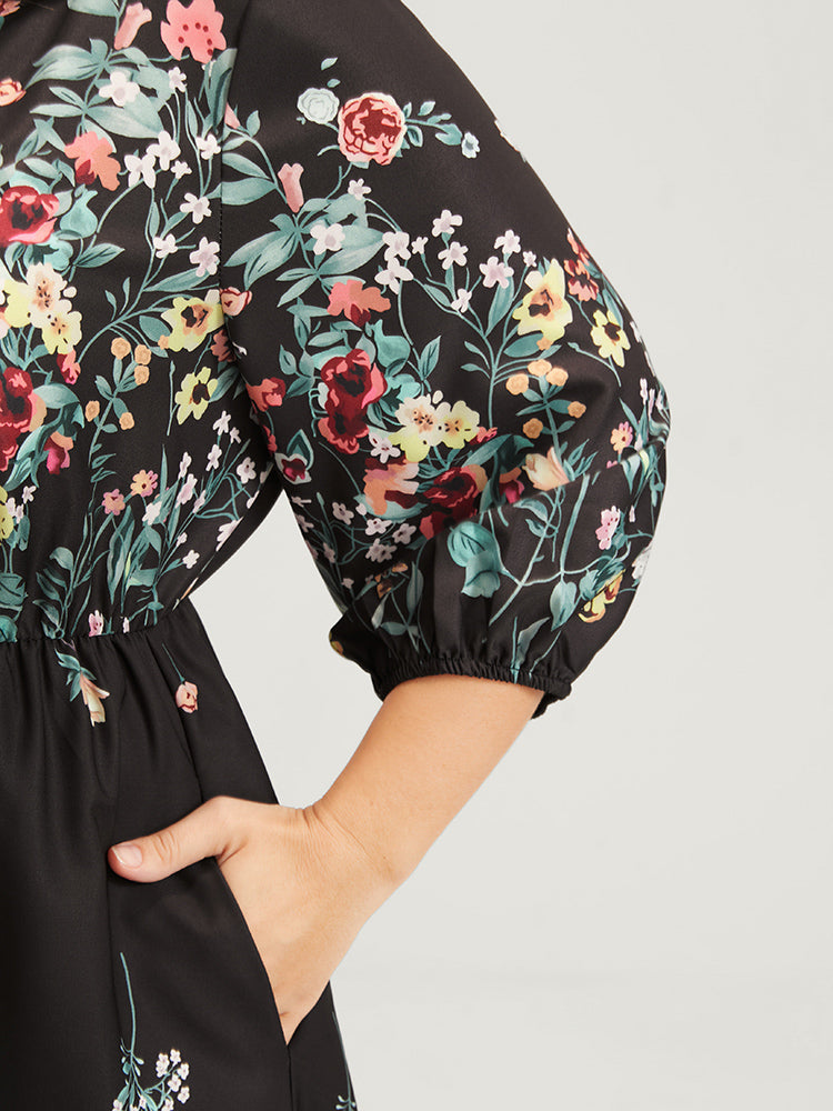 Floral Print Lantern Sleeve Split Pocket Elastic Waist Wrap Dress