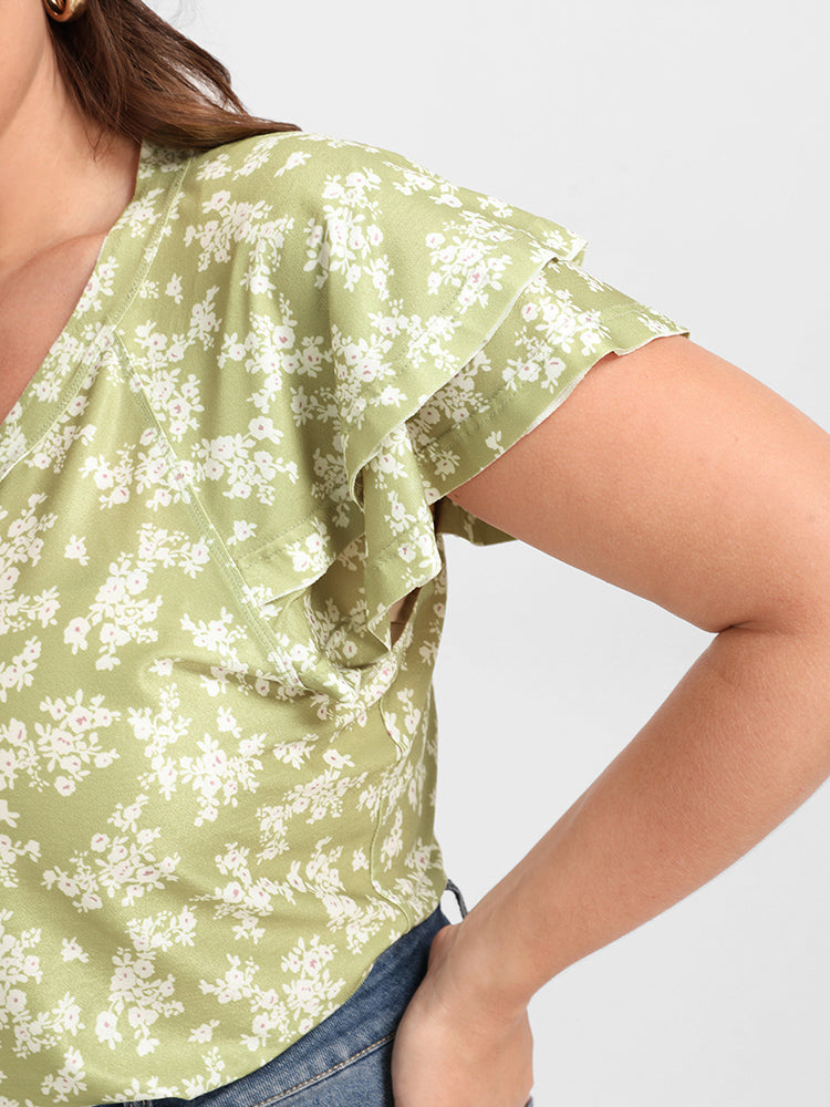 Solid Ruffled V Neck Modal T-shirt