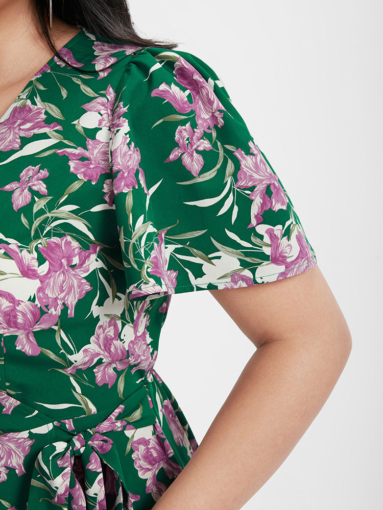 Floral Ties Side Ruffles Split V Neck Dress