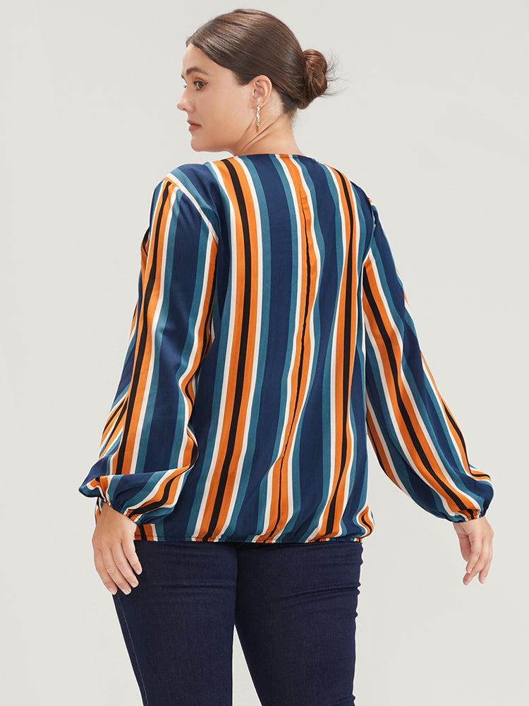 Striped Lantern Sleeve Wrap Blouse