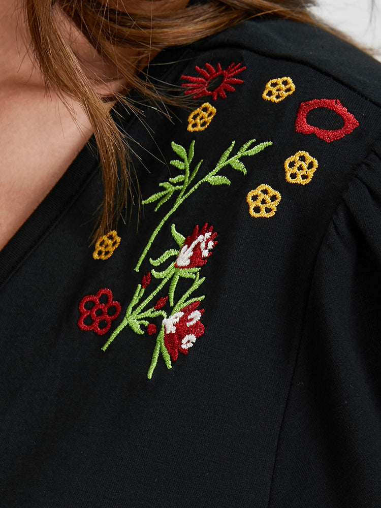 Floral Embroidered Ruffled V Neck T-shirt