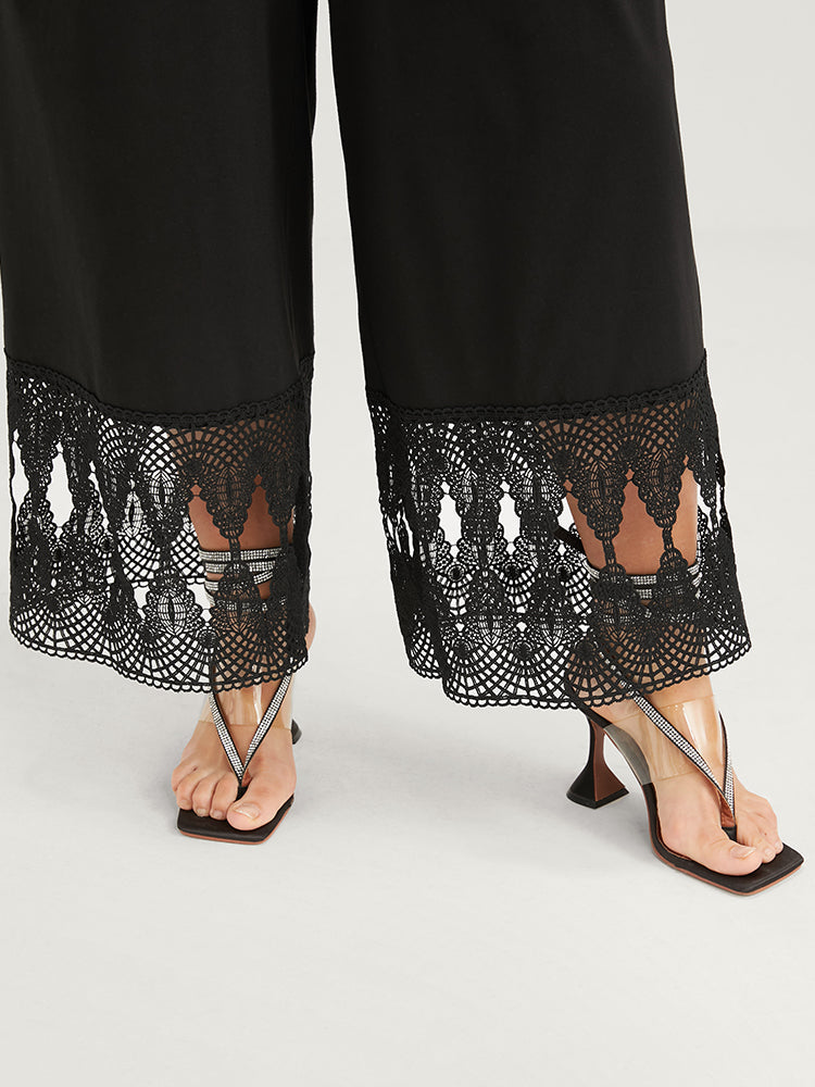 Solid Ruffle Sleeve Pocket Lace Hem Cut Out Wrap Jumpsuit