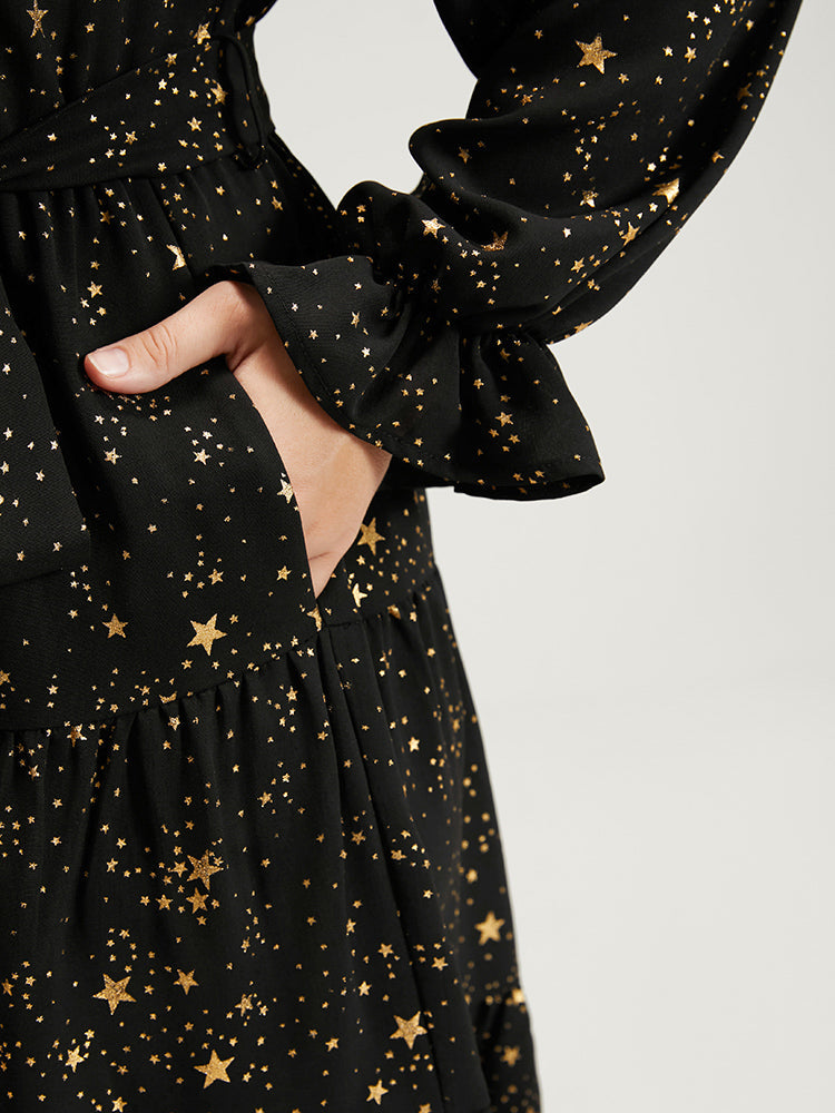 Bloom Dress - Star Button Pocket Lantern Sleeve Knotted Ruffles Knee Dress