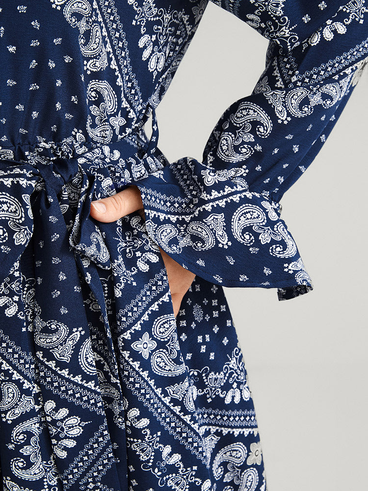 Bandana Pocket Belted Flutter Surplice Neck Dress