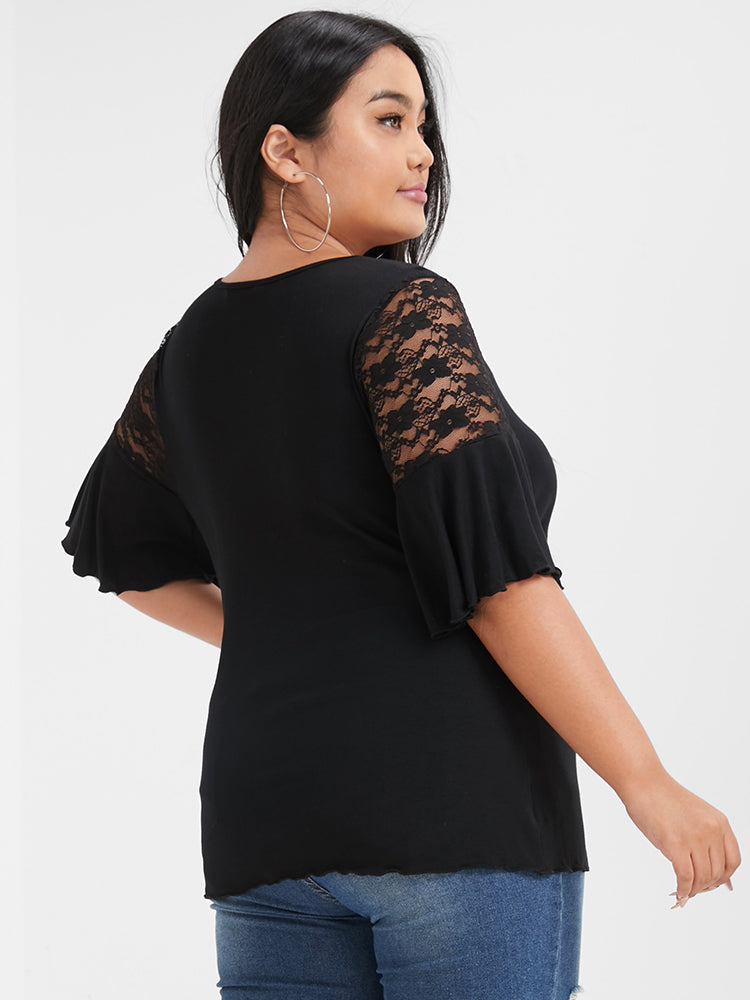 Plain Lace Panel Crisscross T-shirt