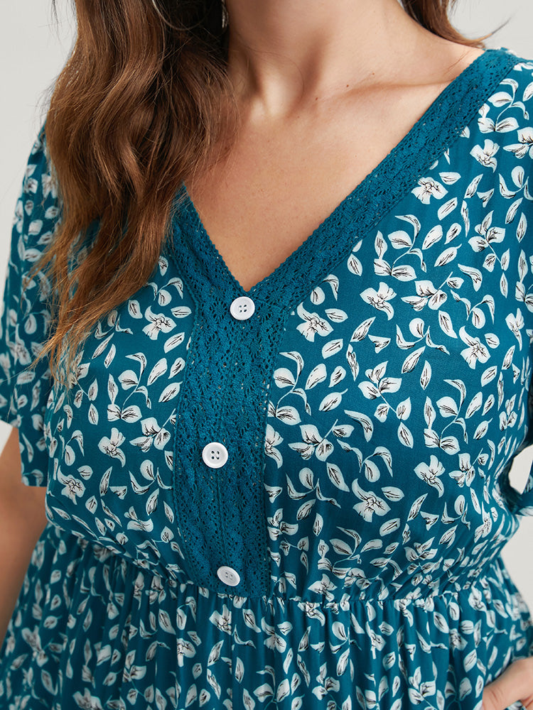 Ditsy Floral Lace Button Pocket Ruffles Jumpsuit