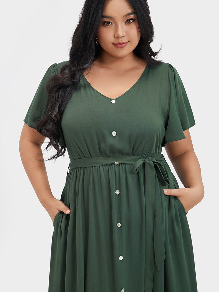 Solid V Neck Ruffled Pocket Button Belted Midi Dress